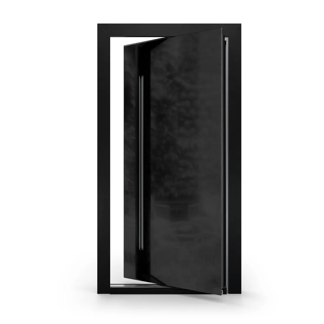 PL09 Glass Elegance aluminium pivot door shown mid-swing on its offset axis