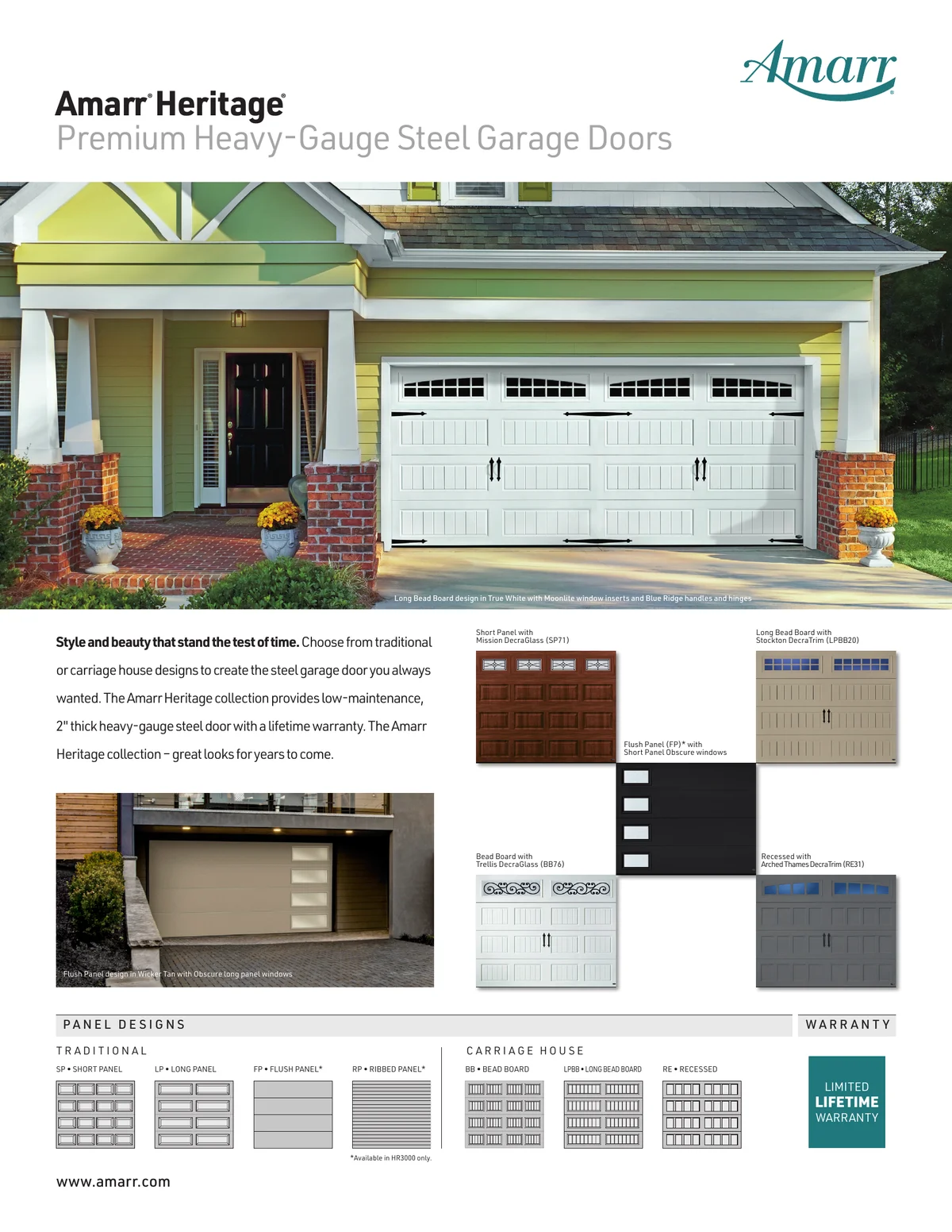 Amarr Heritage brochure page 1 — traditional and carriage house steel garage door designs and window options