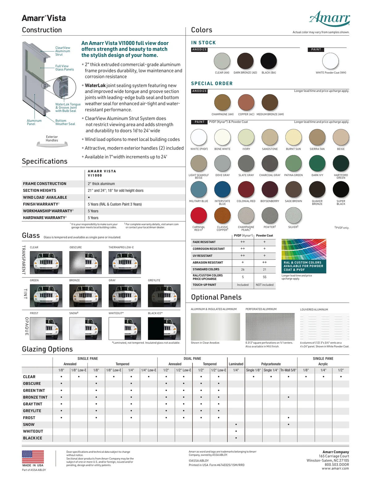 Amarr Vista brochure page 2 — construction, specifications, frame colors, glass and glazing options