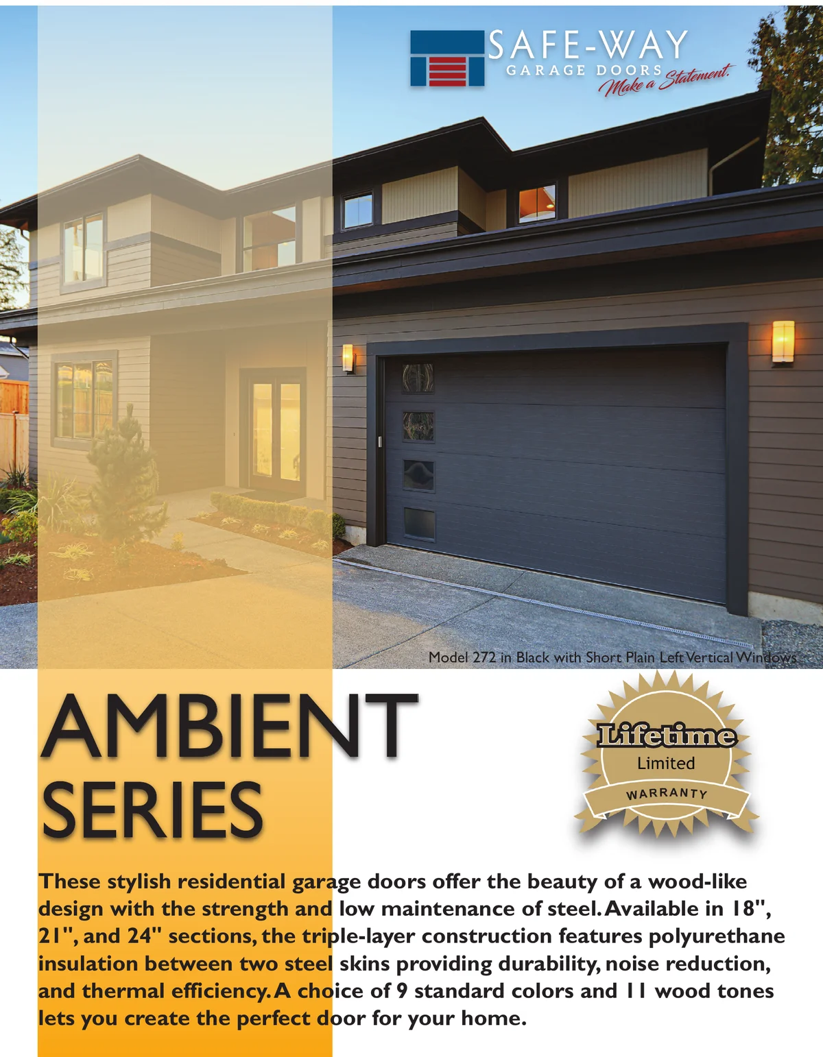 Safe-Way Ambient brochure page 1 — triple-layer insulated steel garage doors