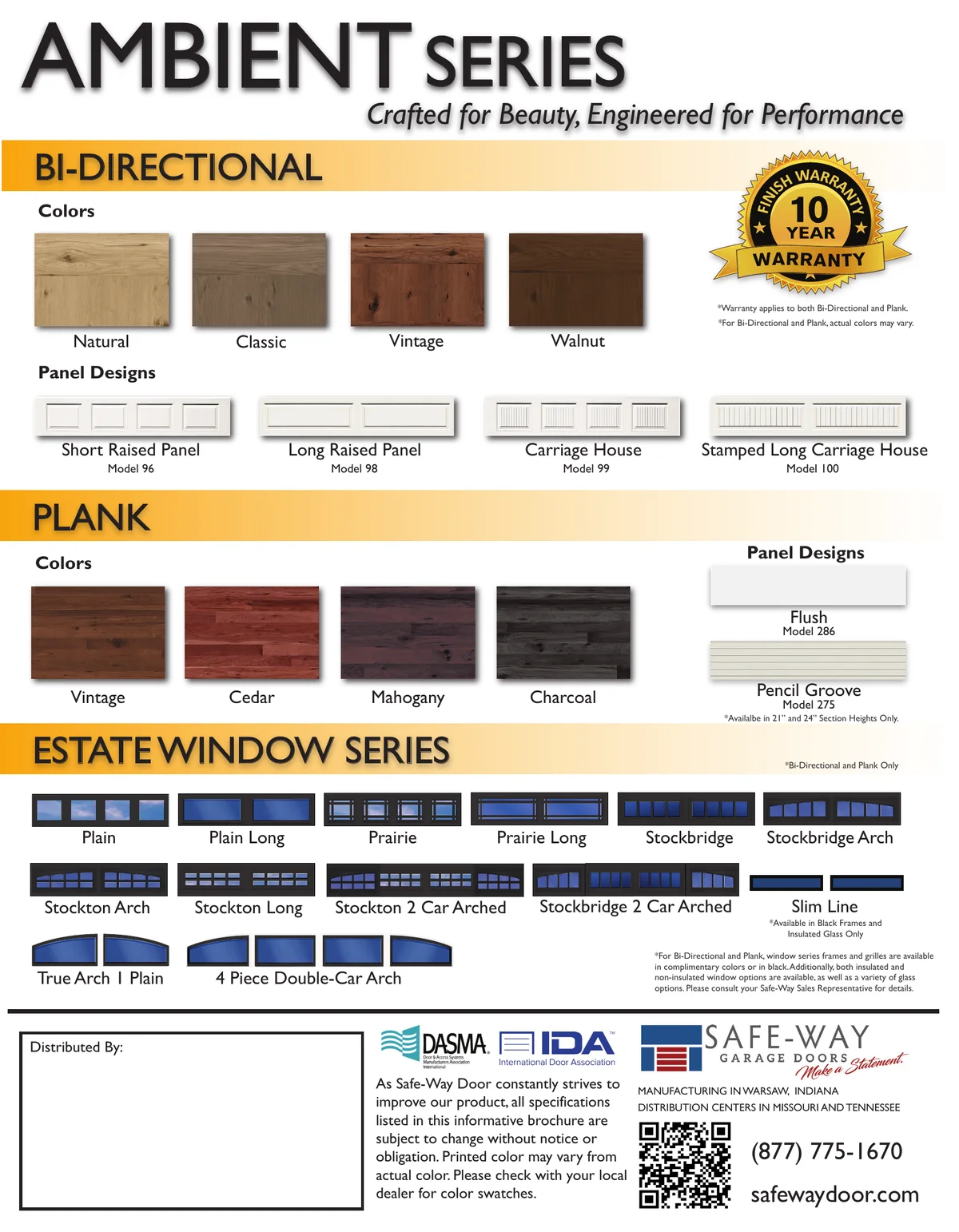 Safe-Way Ambient brochure page 4 — Bi-Directional and Plank wood-look finishes and window options