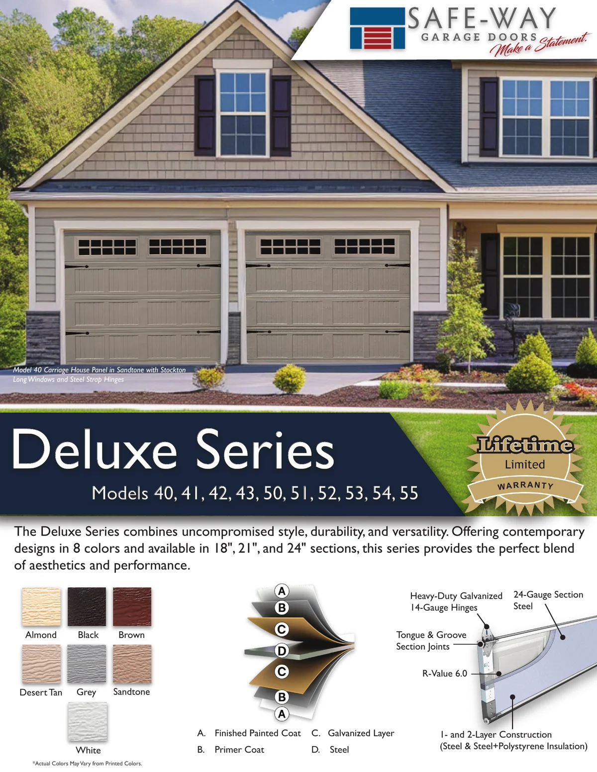 Safe-Way Deluxe brochure page 1 — steel garage door series, colors, and construction