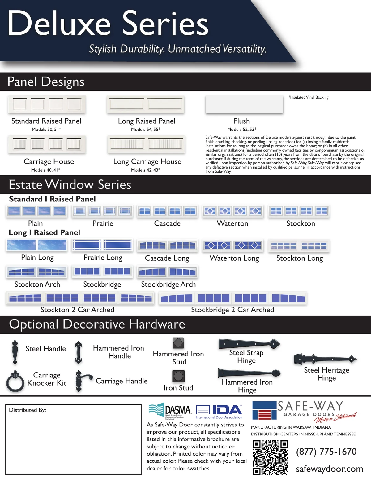 Safe-Way Deluxe brochure page 2 — panel designs, Estate window series, and decorative hardware