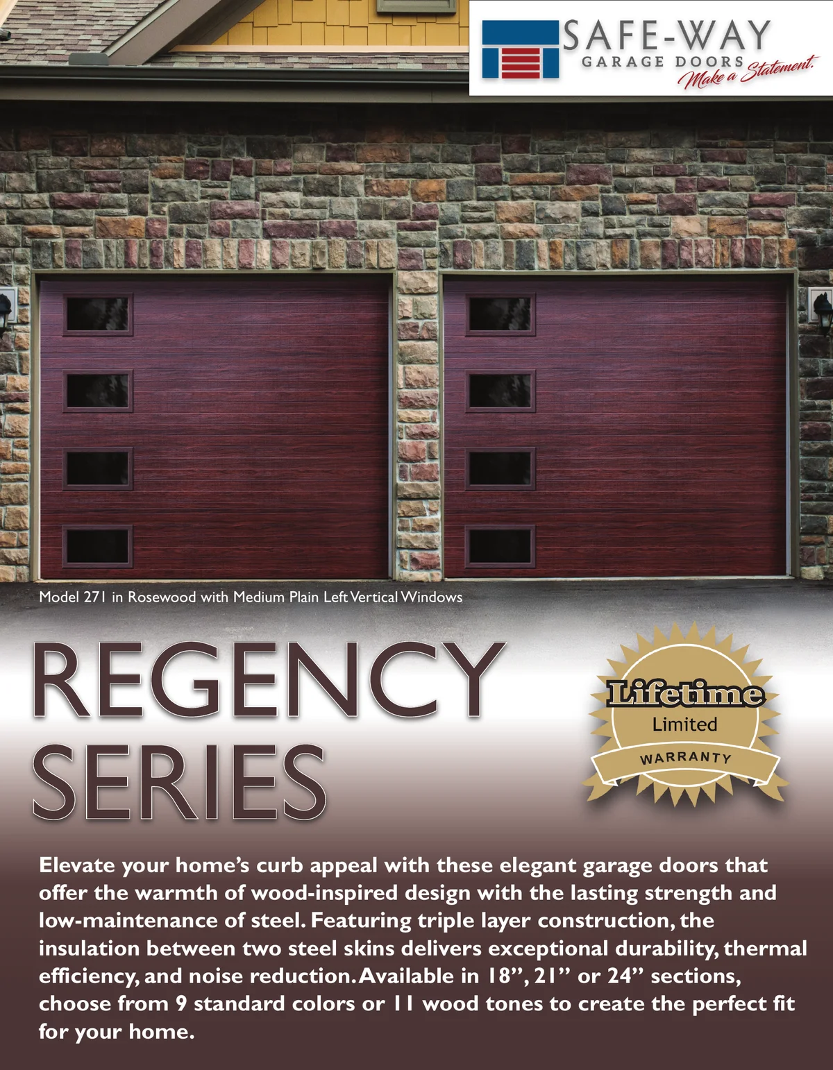 Safe-Way Regency brochure page 1 — triple-layer insulated steel garage doors with wood-inspired design