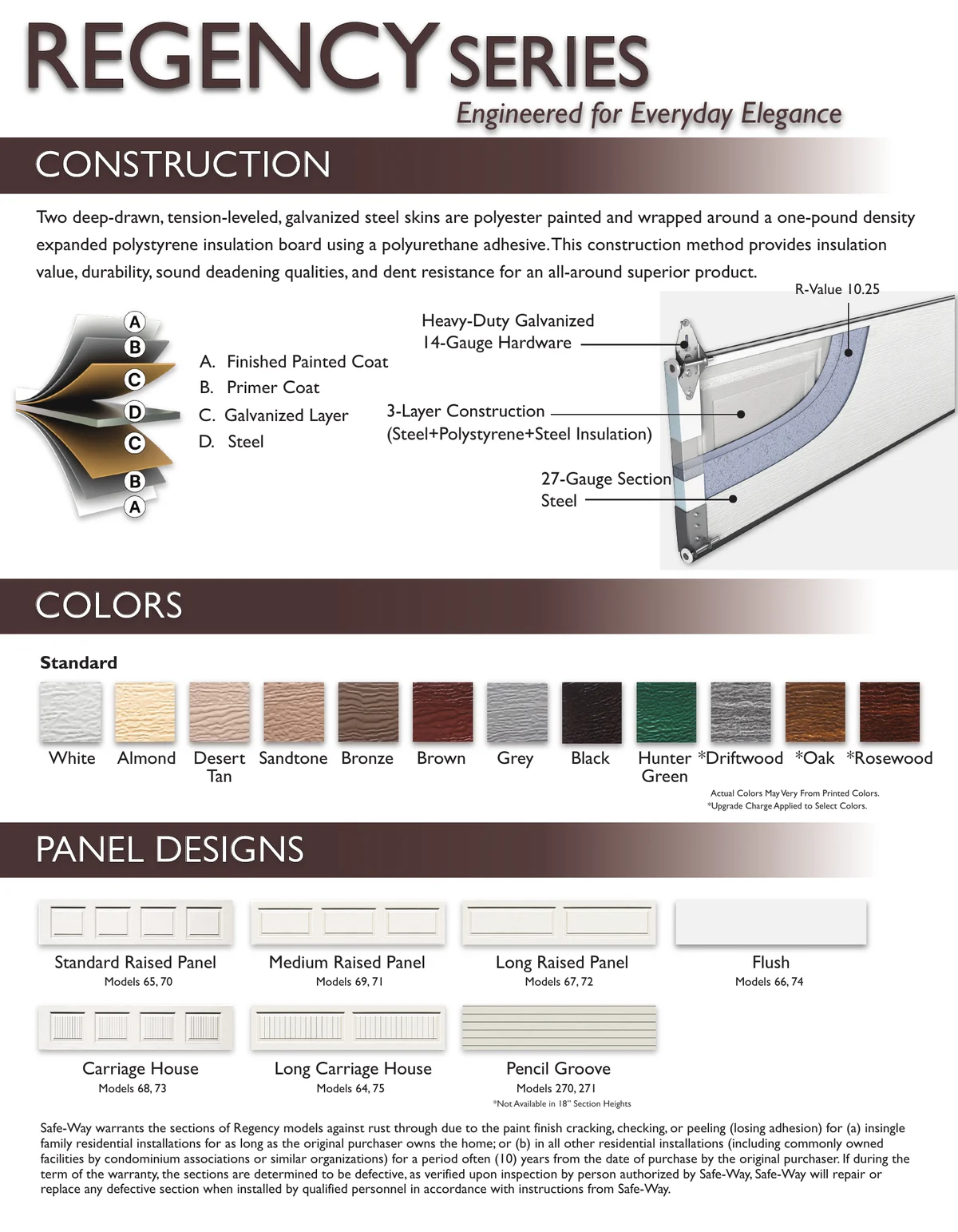 Safe-Way Regency brochure page 2 — construction, colors, and panel designs