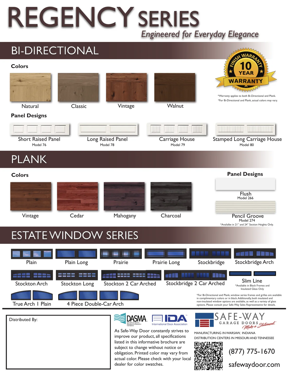 Safe-Way Regency brochure page 4 — Bi-Directional and Plank wood-look finishes and window options